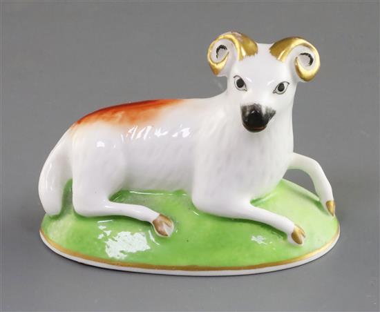 A Charles Bourne porcelain figure of a ram, c.1817-30, L. 8.8cm